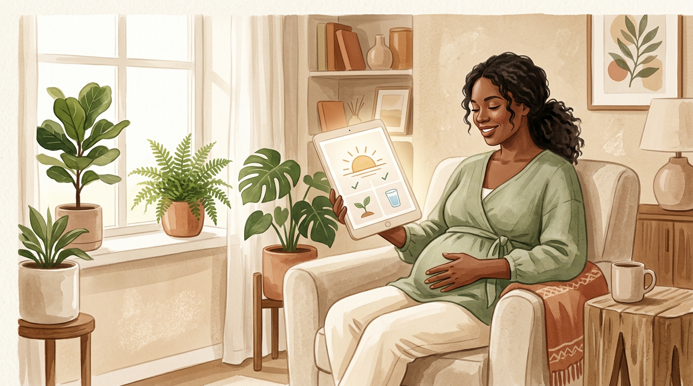 Illustration: a calm moment at home — today’s gentle plan in hand — support without overwhelm.
