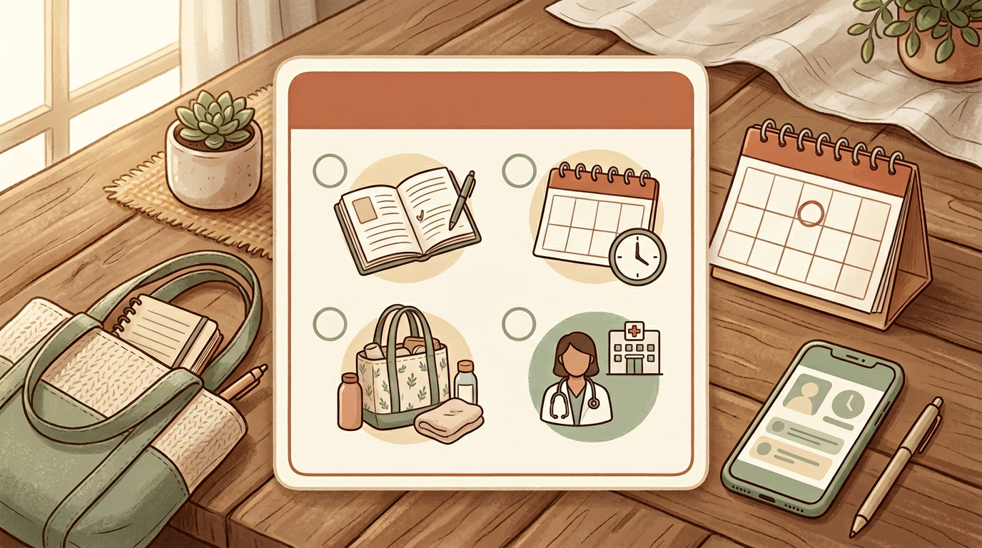 Illustration: preparing questions and items for a prenatal visit.