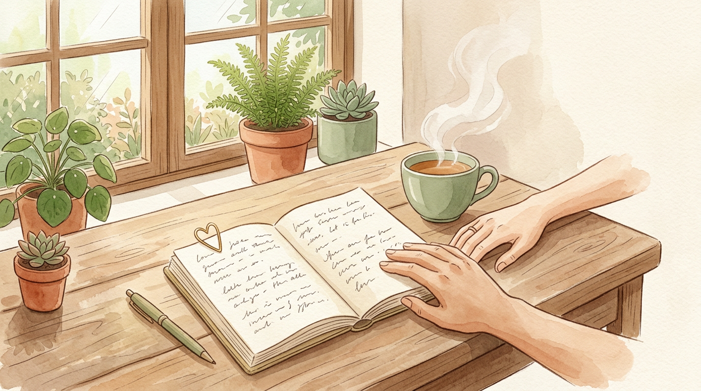 Illustration: a quiet moment with a letter and warm light — care and companionship.